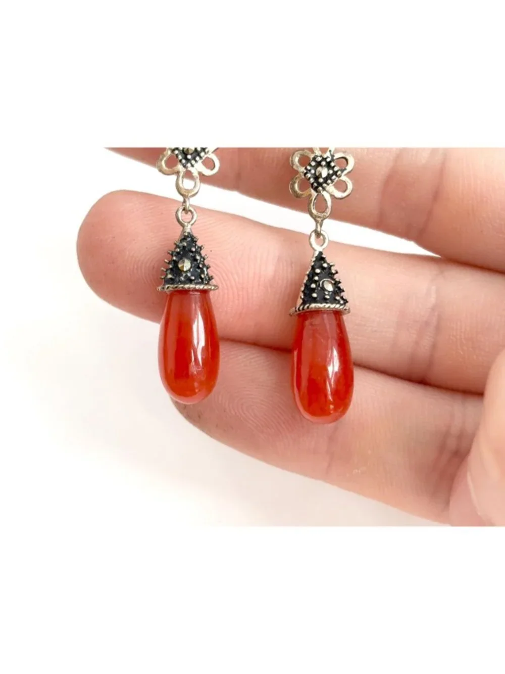 Art Deco Red Coral & Marcasite Floral Teardrop Vintage Sterling Silver Earrings